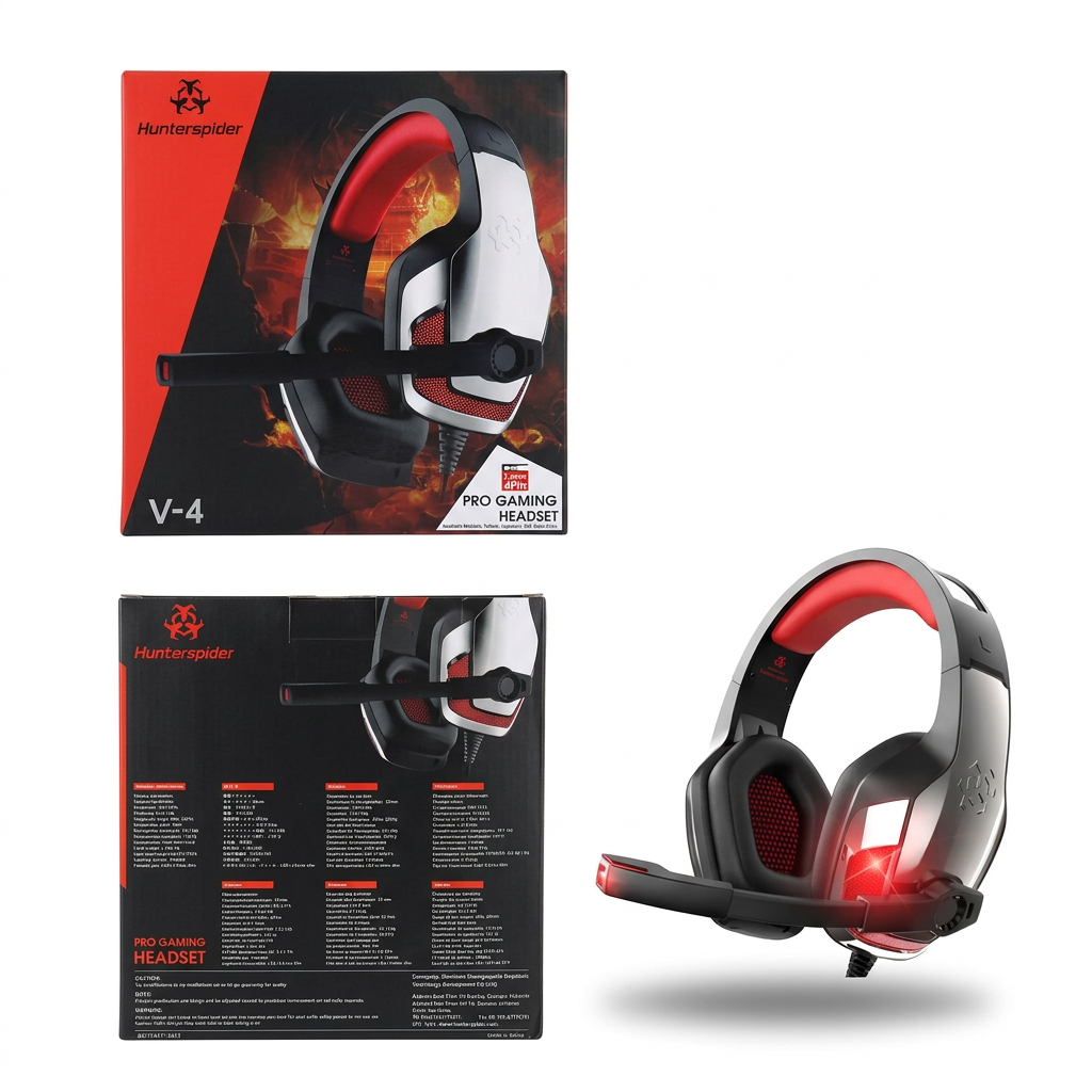 Hunterspider V-4 Pro Gaming Headset Blanco Rojo - caja frontal, reverso y headset iluminado