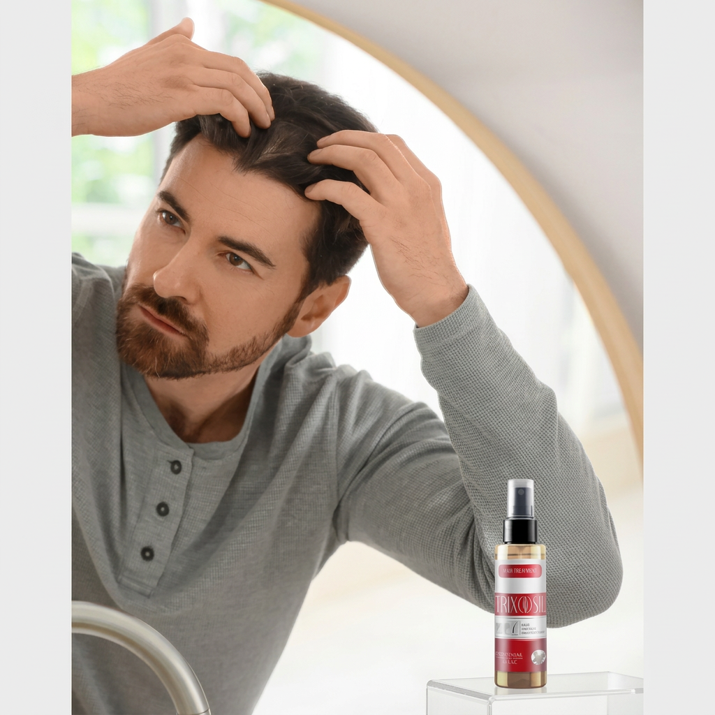 Hombre aplicando Trixosil en cuero cabelludo frente al espejo