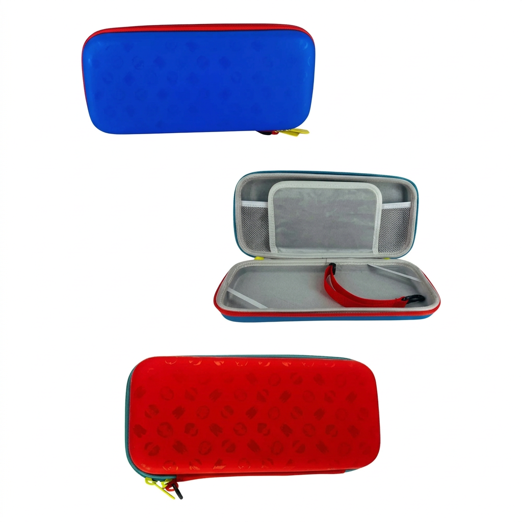 Estuche Nintendo Switch bicolor azul y rojo - vistas exterior e interior