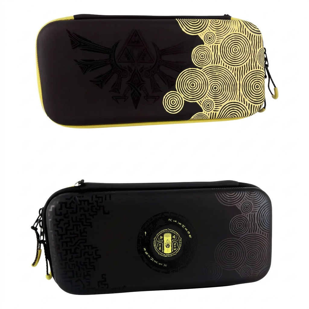 Estuche Nintendo Switch OLED Zelda Tears of the Kingdom — cara A Trión y cara B medalón Zonai