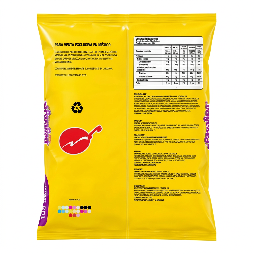 Payafiesta Ricolino parte trasera — tabla nutrimental e ingredientes por variedad